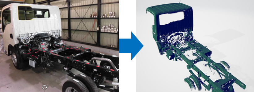 キャンピングカー用のトラックの車体、シャーシ、3D測定、3Dスキャン、STLデータ、取り付け部の測定、計測、リバースエンジニアリング