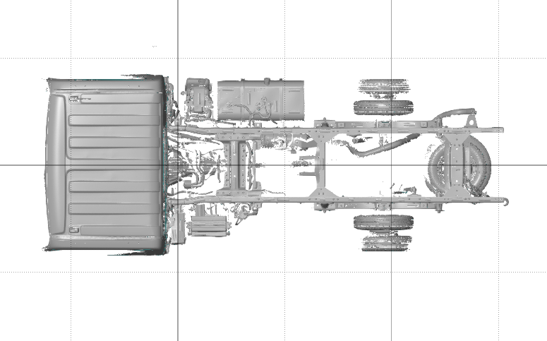キャンピングカー用のトラックの車体、シャーシ、3D測定、3Dスキャン、STLデータ、取り付け部の測定、計測、リバースエンジニアリング