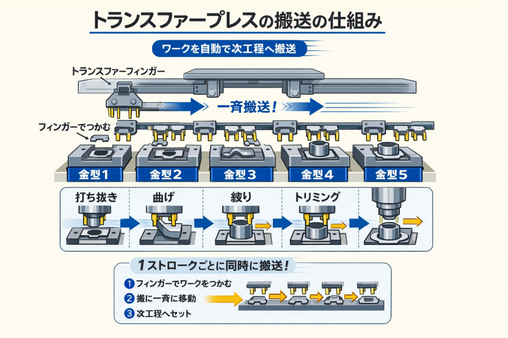 トランスファープレスの搬送の仕組み、ワークを自動で次工程へ搬送。ワークをトランスファーフィンガーでつかみ、金型から金型へ一斉搬送。