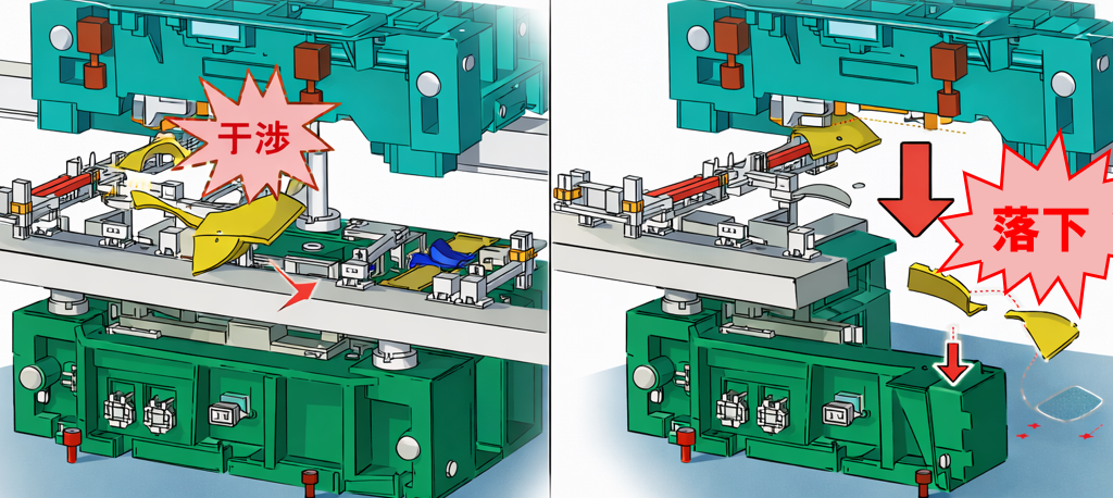 トランスファープレスの搬送トラブル問題(ワークの干渉、搬送中の落下)