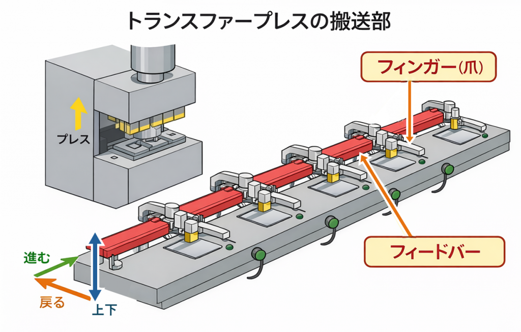 製造業のプラント設備トランスファープレス機(加工機械)の搬送部のフィンガーとフィードバー