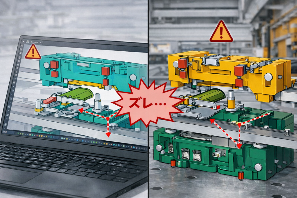 トランスファープレスの搬送トラブルや不具合(干渉、落下、破損)の原因は、設計データと現物(実機)の形状や寸法、部品の位置のズレ(フィードバーの位置ズレ、フィンガー取り付け誤差、経年劣化によるズレ、現場改造の未反映)
